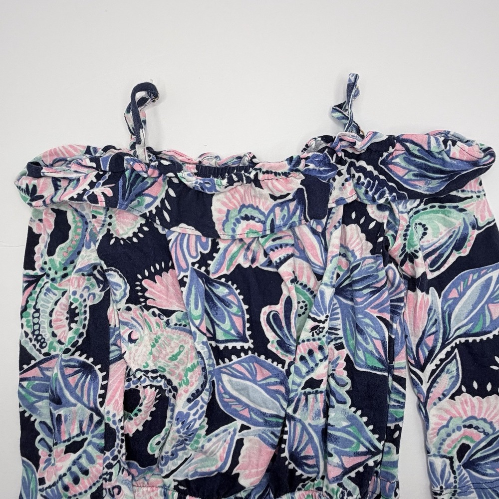 Lilly Pulitzer Girls Ruffle Romper Pink Blue Floral Size S 4/5 Holy Flockamolie - Picture 11 of 12